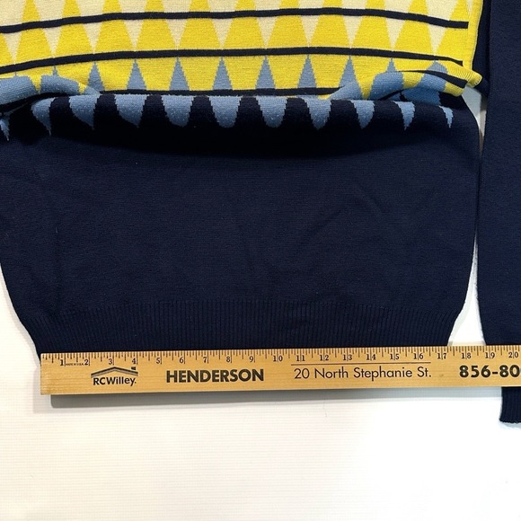 HEAD Geometric Wool Blend Sweater Retro Knit Pullover Navy Yellow Blue Large - Picture 7 of 12